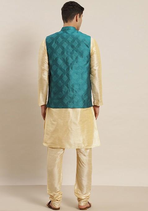 Beige Solid Poly Blend Kurta Set For Men