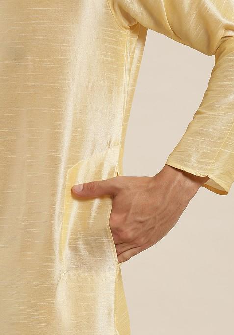 Beige Solid Poly Blend Kurta Set For Men