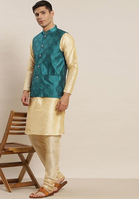 Beige Solid Poly Blend Kurta Set For Men