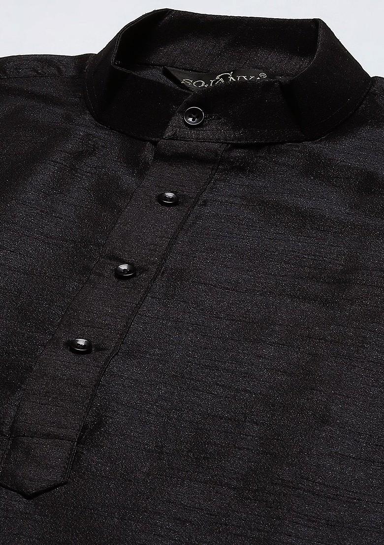 Black Solid Poly Blend Kurta Set For Men