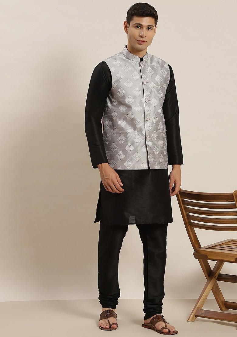 Black Solid Poly Blend Kurta Set For Men