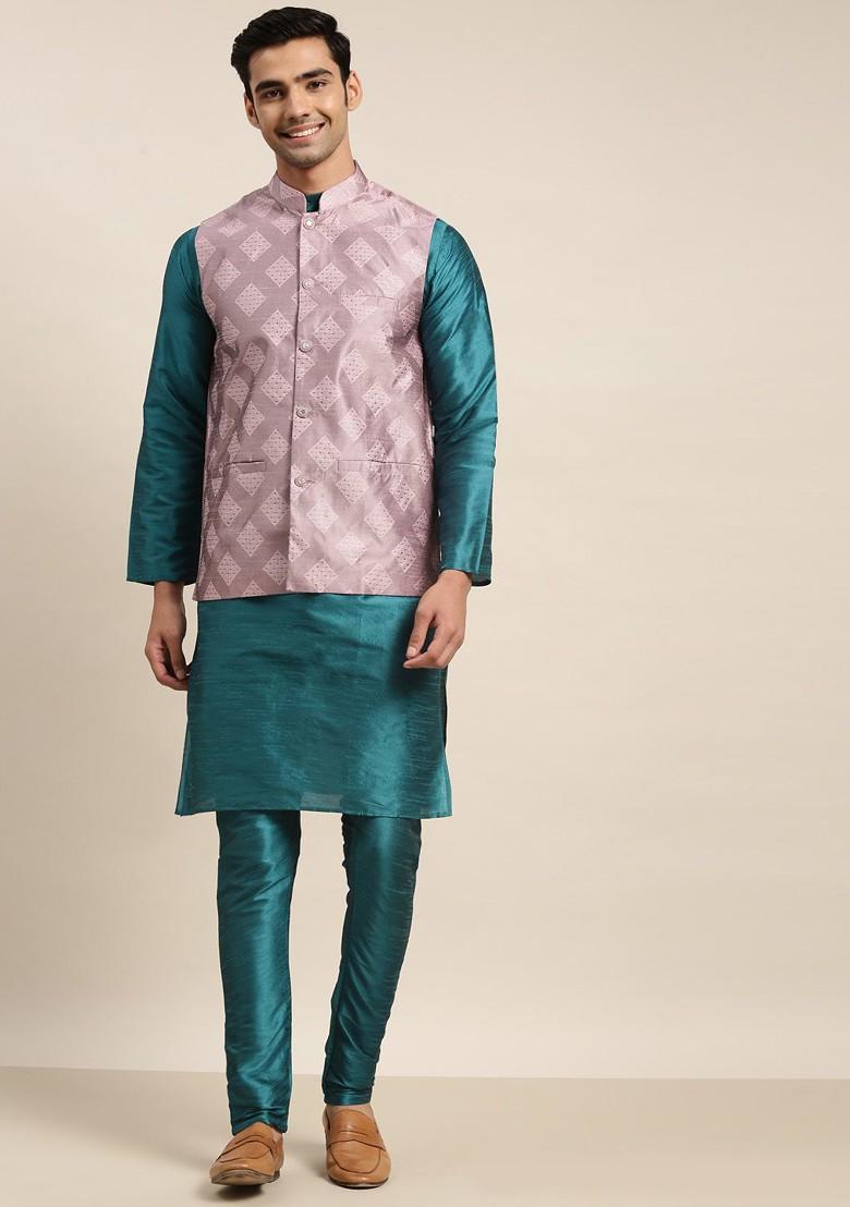 Teal Blue Solid Poly Blend Kurta Set For Men