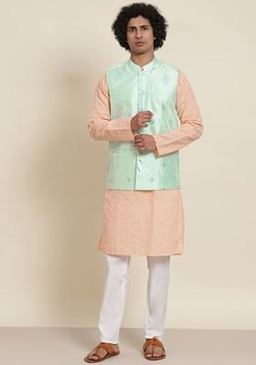 Peach Solid Cotton Kurta Set For Men