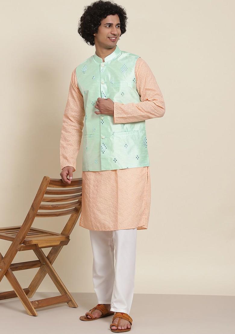 Peach Solid Cotton Kurta Set For Men