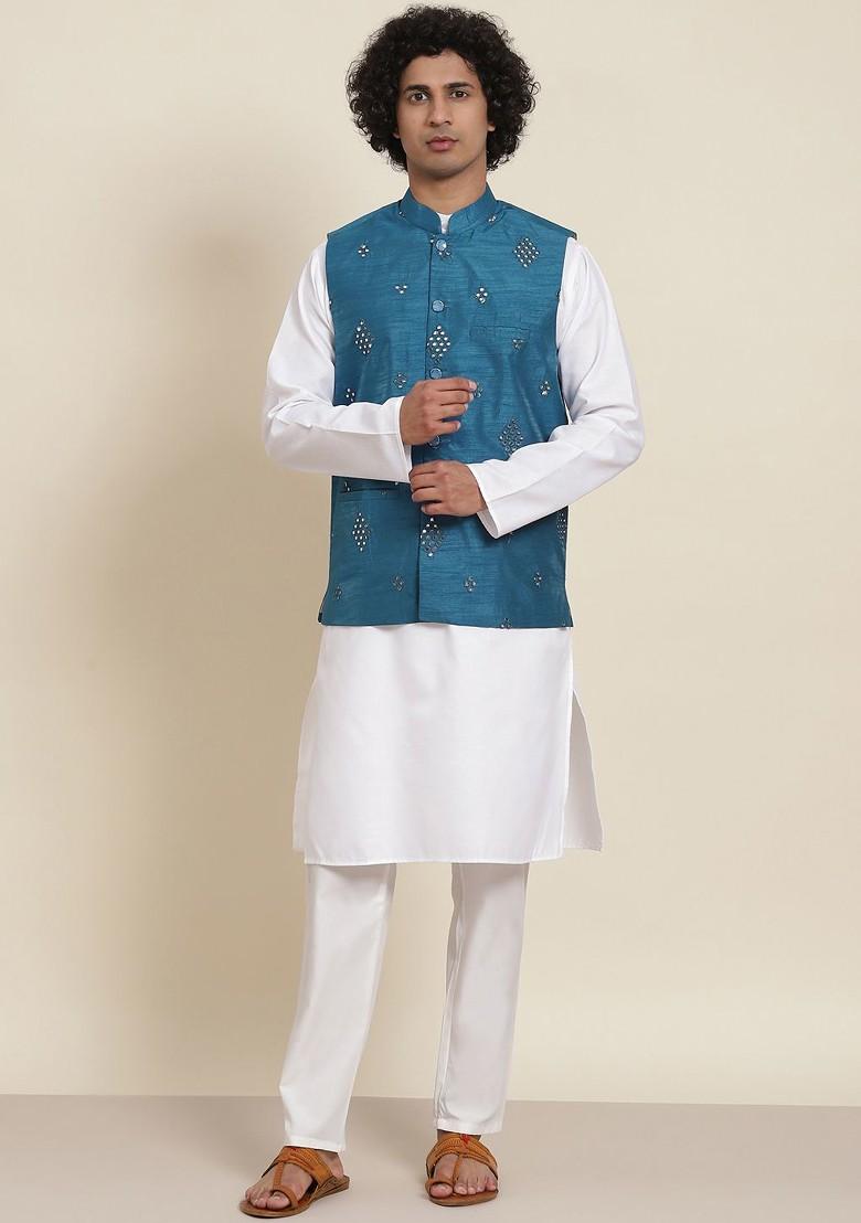 White Mirror Work Cotton Kurta Set For Men