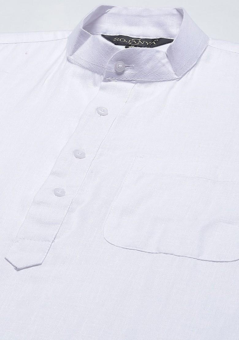 White Mirror Work Cotton Kurta Set For Men