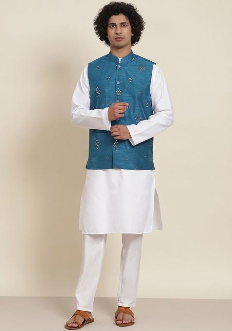 White Mirror Work Cotton Kurta Set For Men
