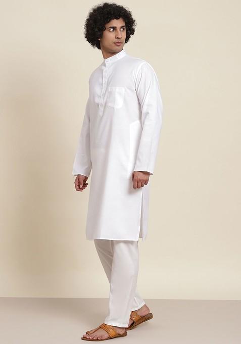 White Mirror Work Cotton Kurta Set For Men