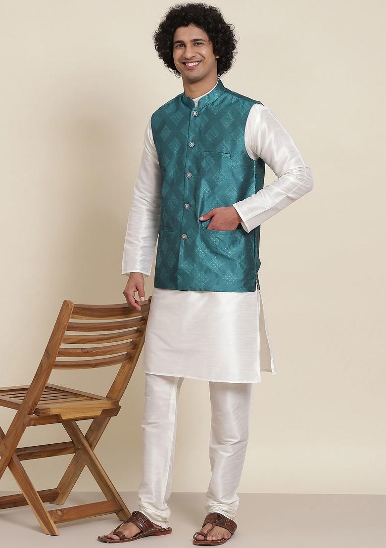 White Solid Poly Blend Kurta Set For Men