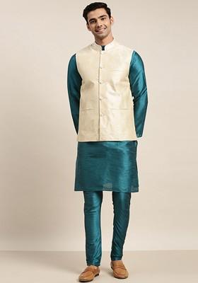 Teal Blue Solid Poly Blend Kurta Set For Men
