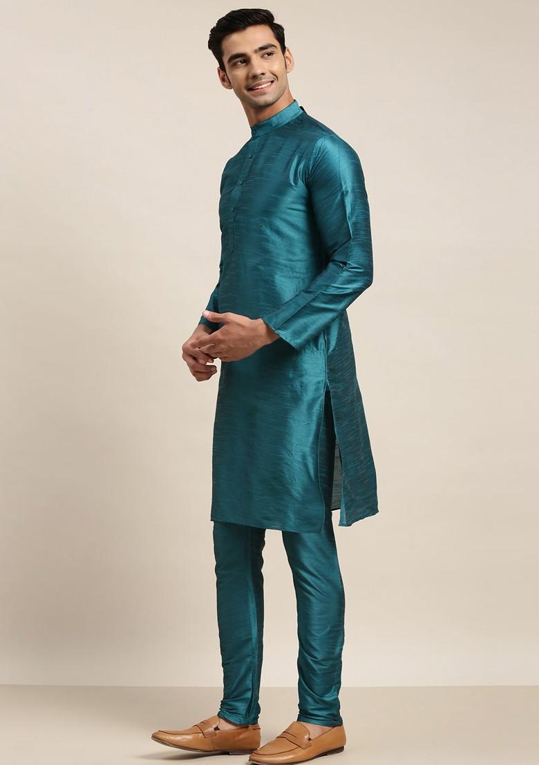 Teal Blue Solid Poly Blend Kurta Set For Men