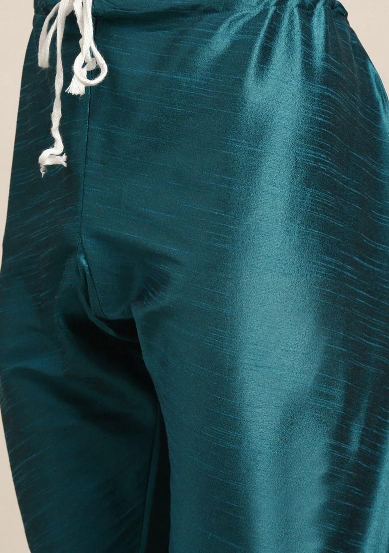 Teal Blue Solid Poly Blend Kurta Set For Men