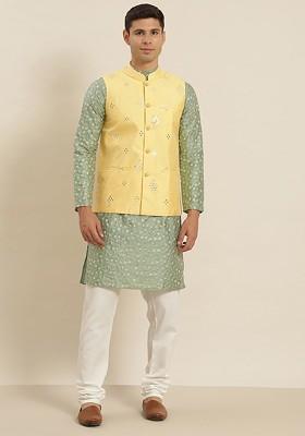 Green Floral Print Poly Blend Kurta Set For Men