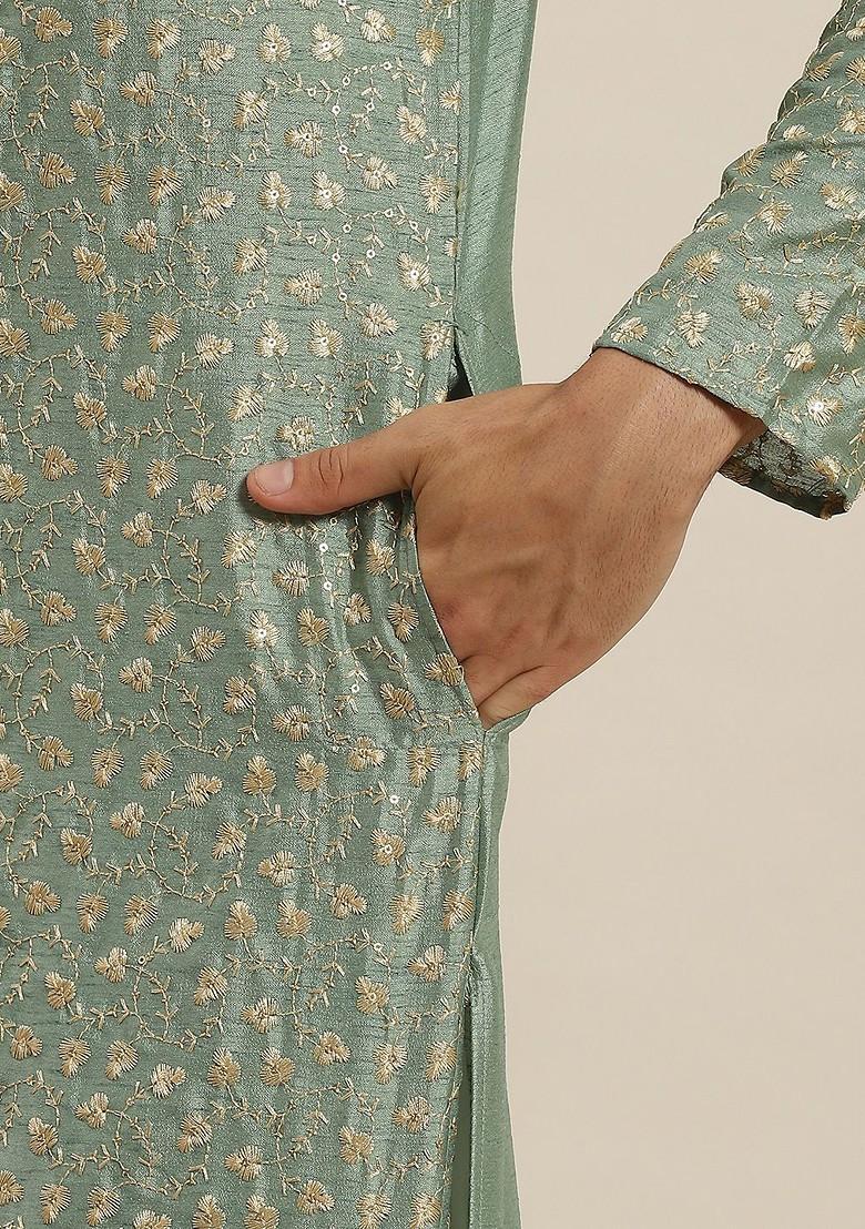 Green Floral Print Poly Blend Kurta Set For Men