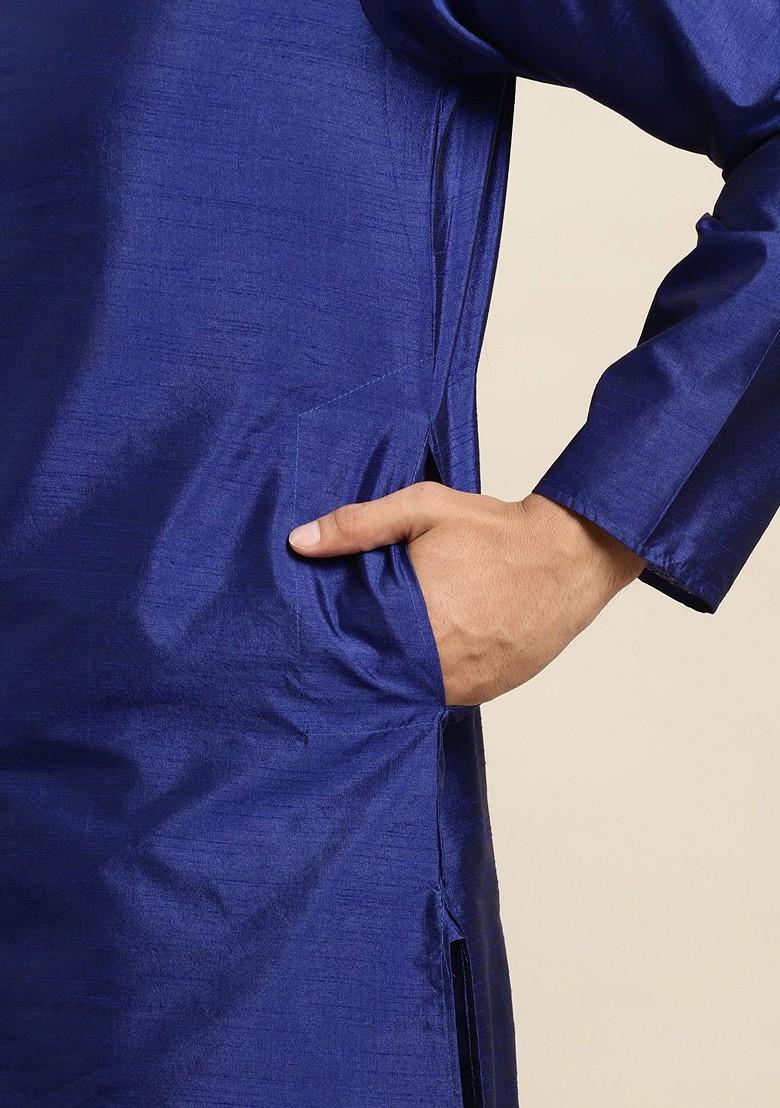 Blue Solid Poly Blend Kurta Set For Men