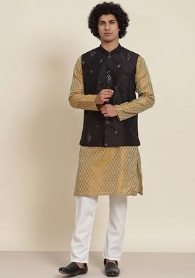 Mustard Ethnic Motifs Poly Blend Kurta Set For Men