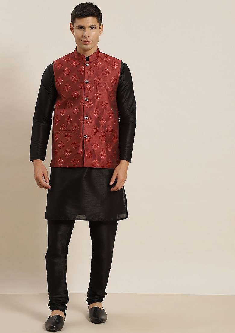 Black Solid Poly Blend Kurta Set For Men - Indya