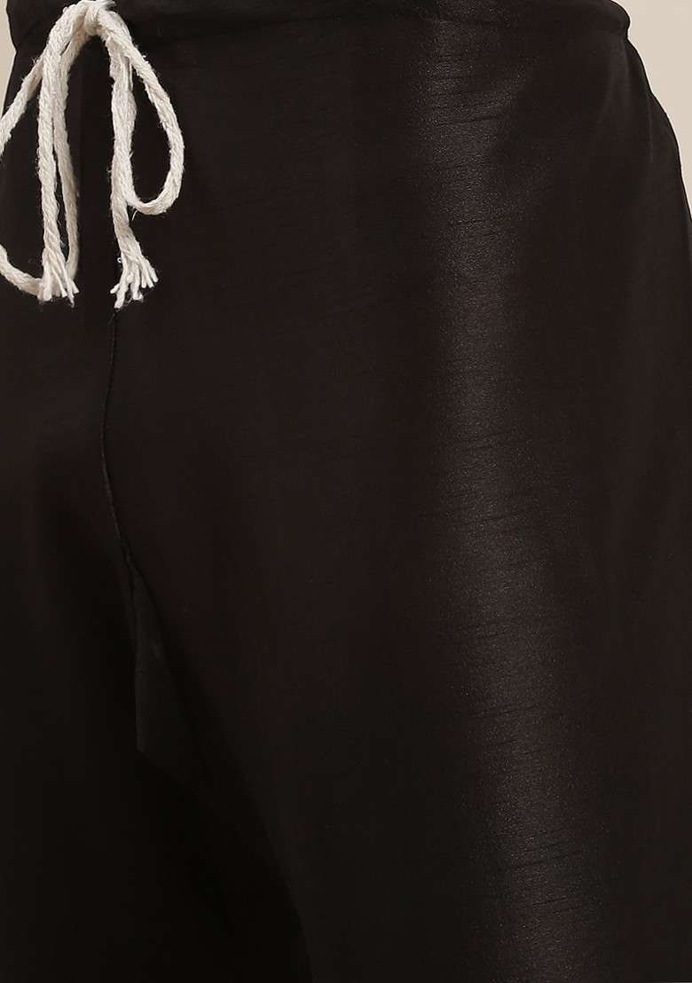 Black Solid Poly Blend Kurta Set For Men - Indya