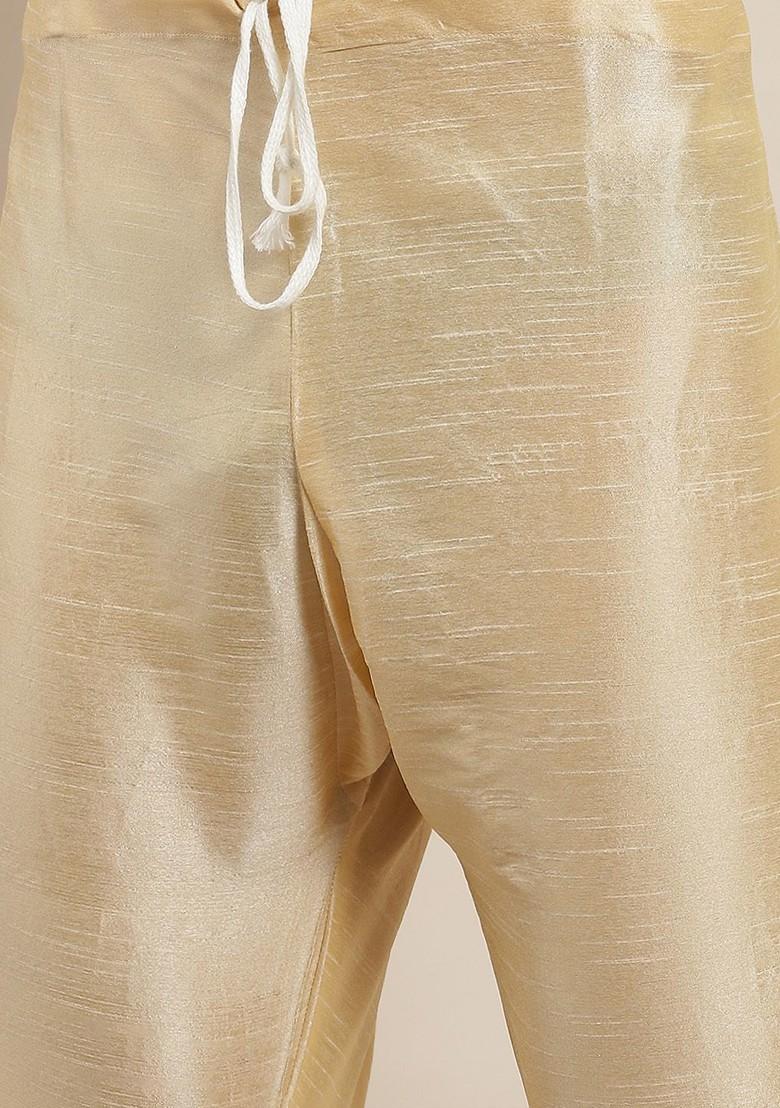 Gold Solid Poly Blend Kurta Set For Men