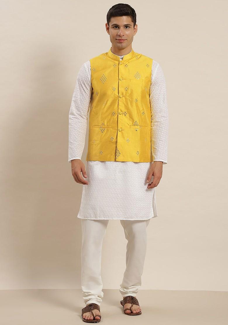 White Ethnic Motifs Cotton Kurta Set For Men