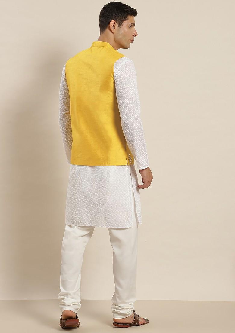 White Ethnic Motifs Cotton Kurta Set For Men