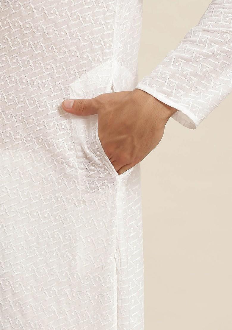 White Ethnic Motifs Cotton Kurta Set For Men
