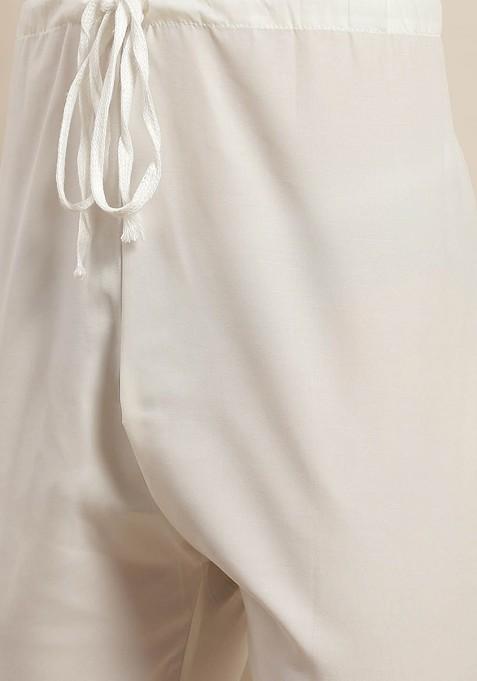 White Ethnic Motifs Cotton Kurta Set For Men