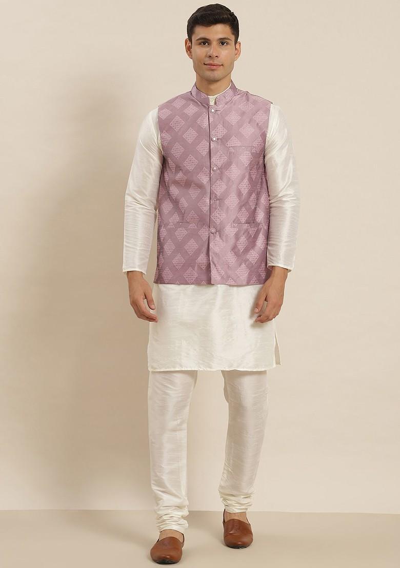 White Solid Poly Blend Kurta Set For Men