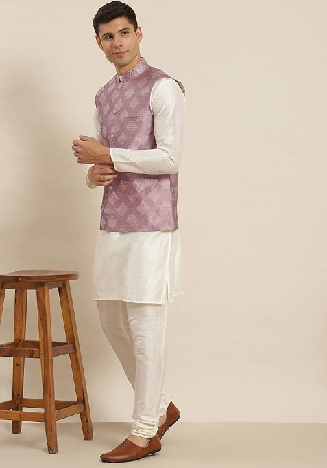 White Solid Poly Blend Kurta Set For Men