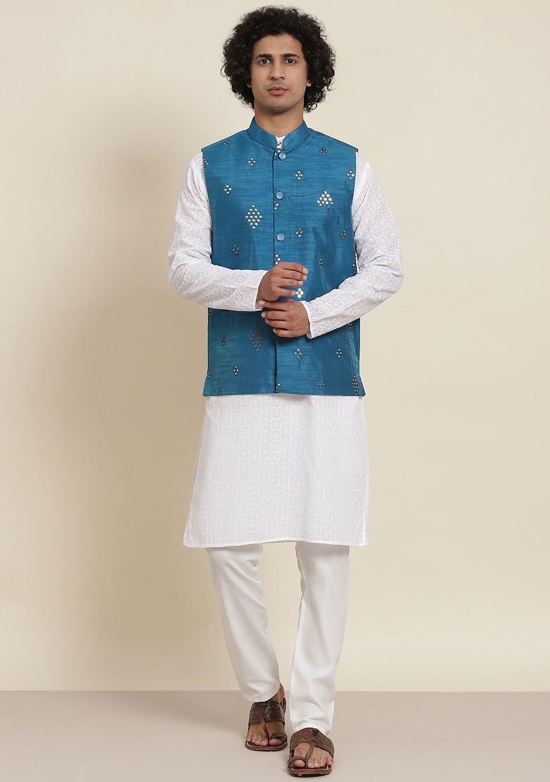 White Floral Print Cotton Kurta Set For Men