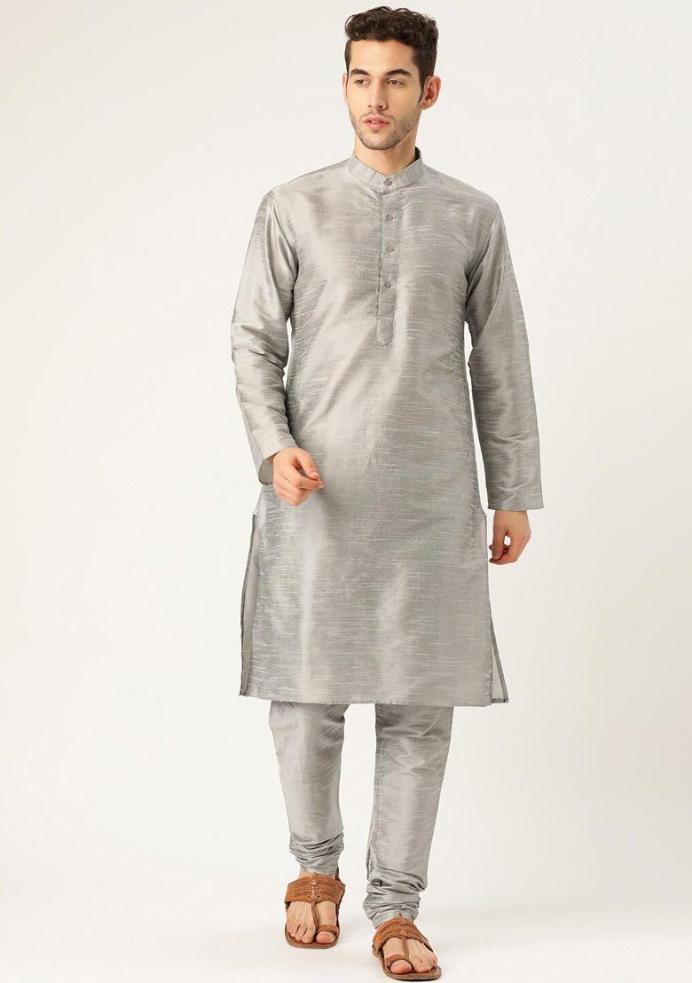 Grey Floral Print Poly Blend Kurta Set For Men