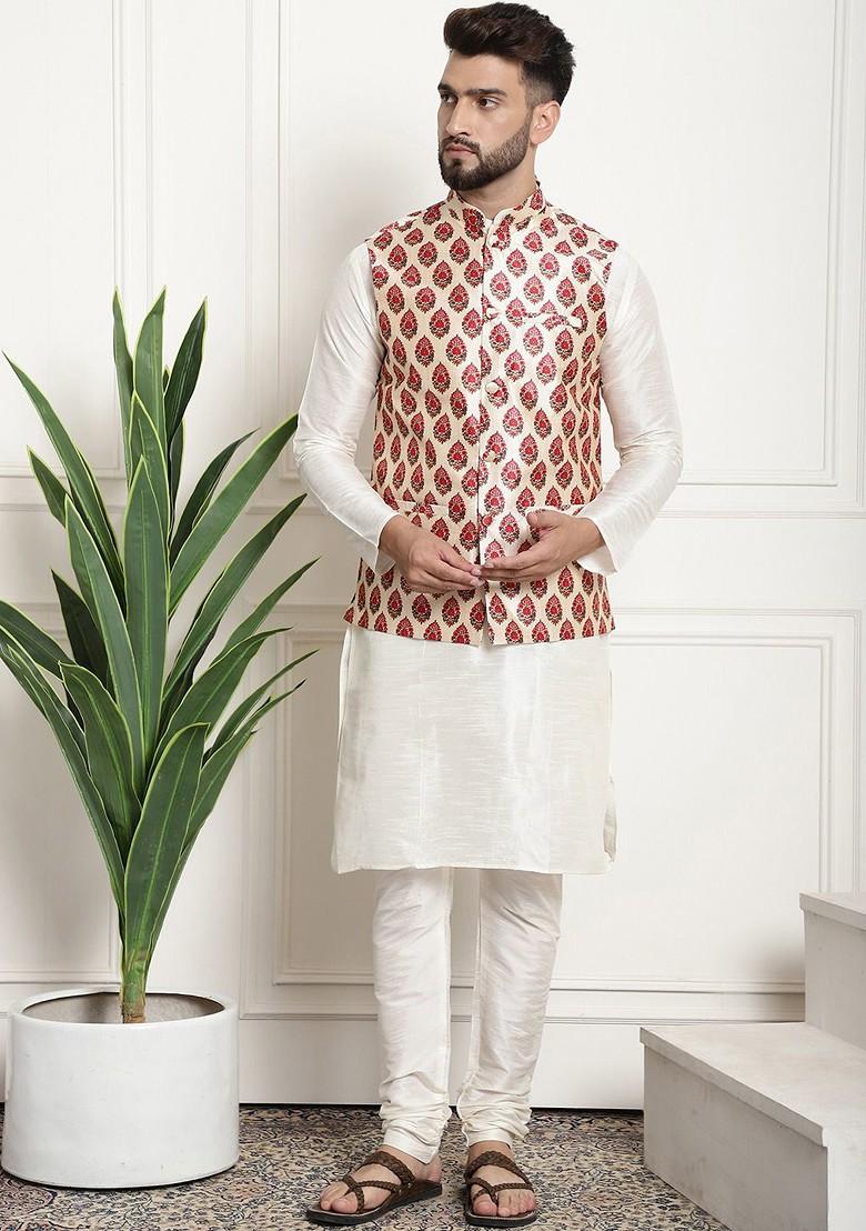 Cream Printed Poly Blend Kurta Set For Men