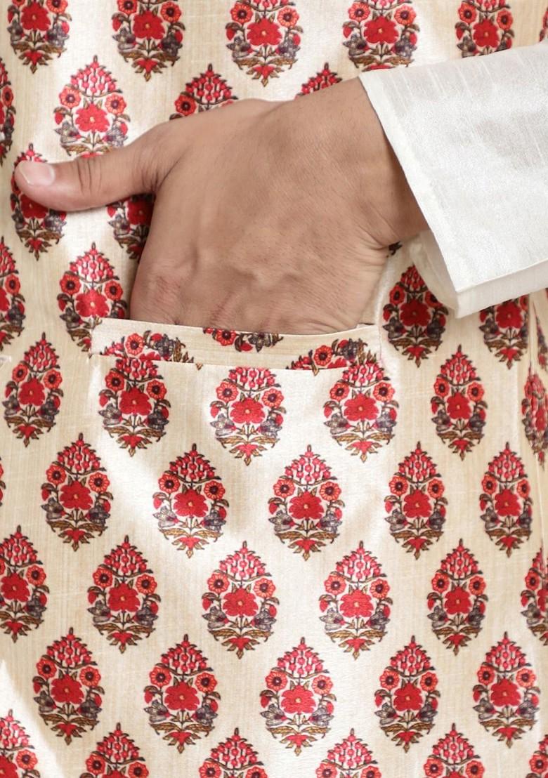 Cream Printed Poly Blend Kurta Set For Men