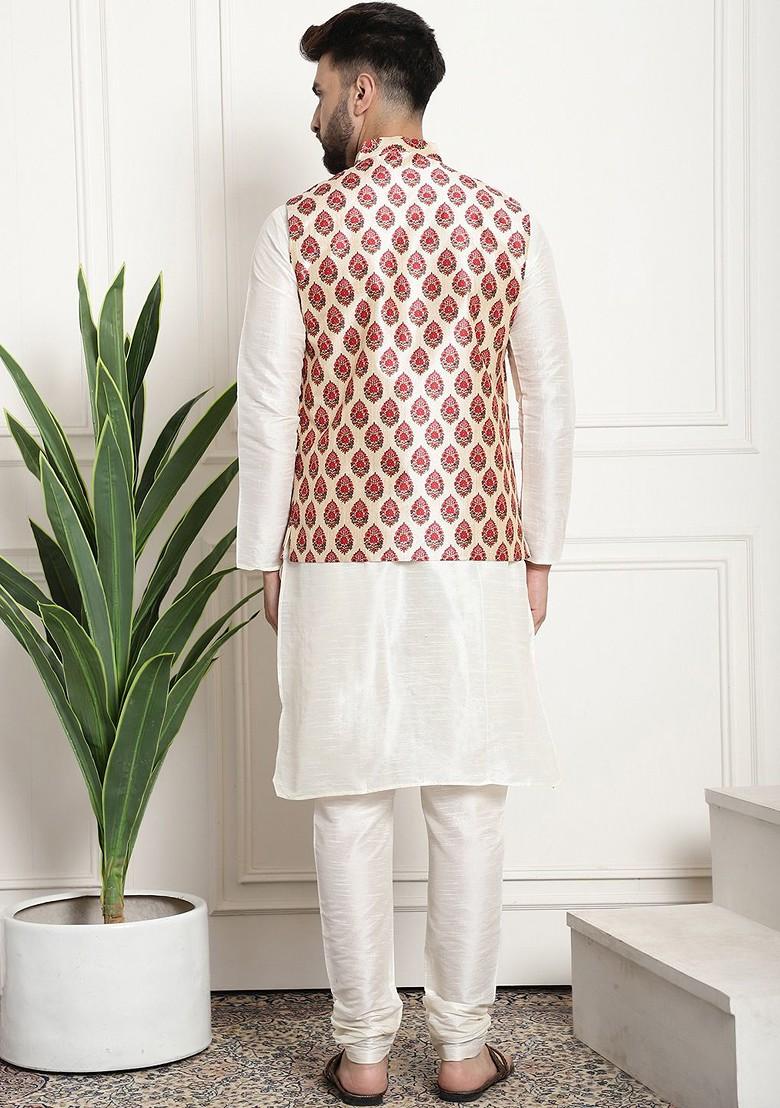 Cream Printed Poly Blend Kurta Set For Men