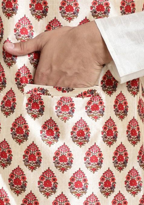 Cream Printed Poly Blend Kurta Set For Men