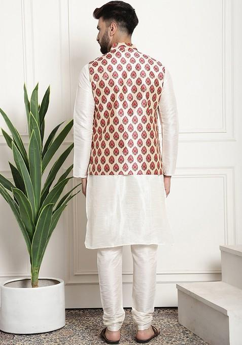 Cream Printed Poly Blend Kurta Set For Men