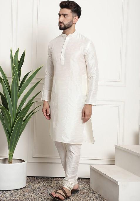 Cream Printed Poly Blend Kurta Set For Men