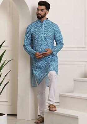 Turquoise Blue Printed Cotton Kurta Set For Men