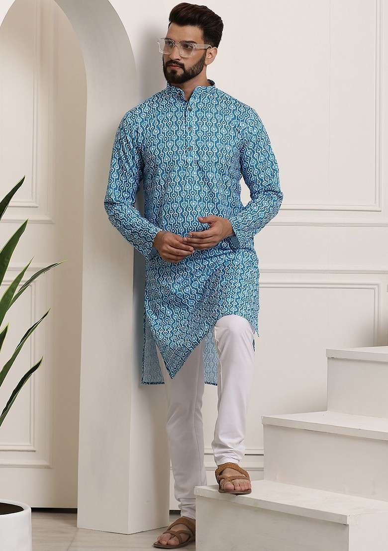 Turquoise Blue Printed Cotton Kurta Set For Men - Indya