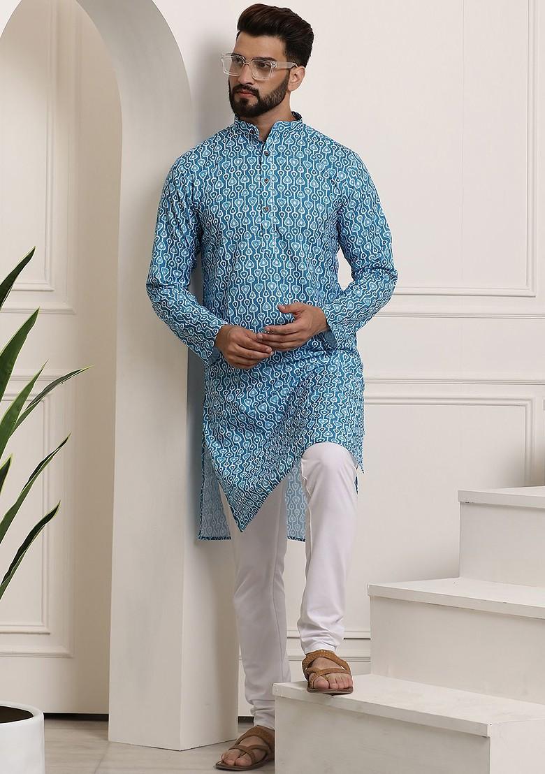 Turquoise Blue Printed Cotton Kurta Set For Men