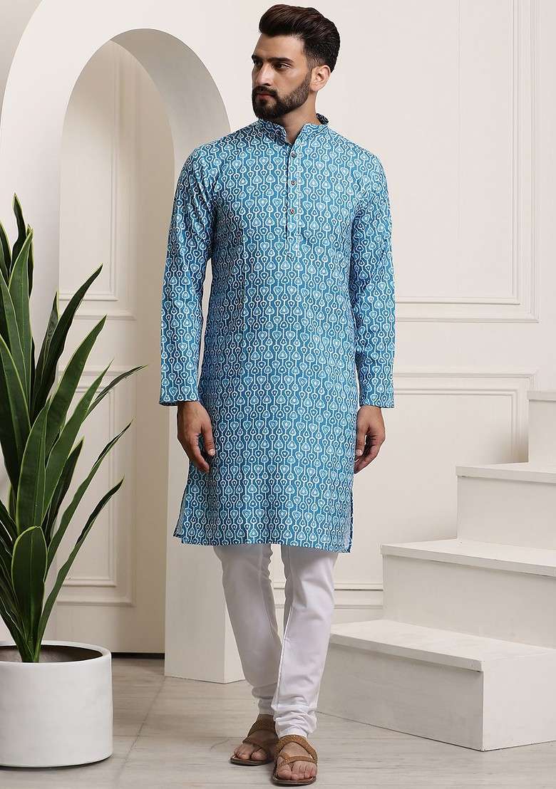 Turquoise Blue Printed Cotton Kurta Set For Men - Indya
