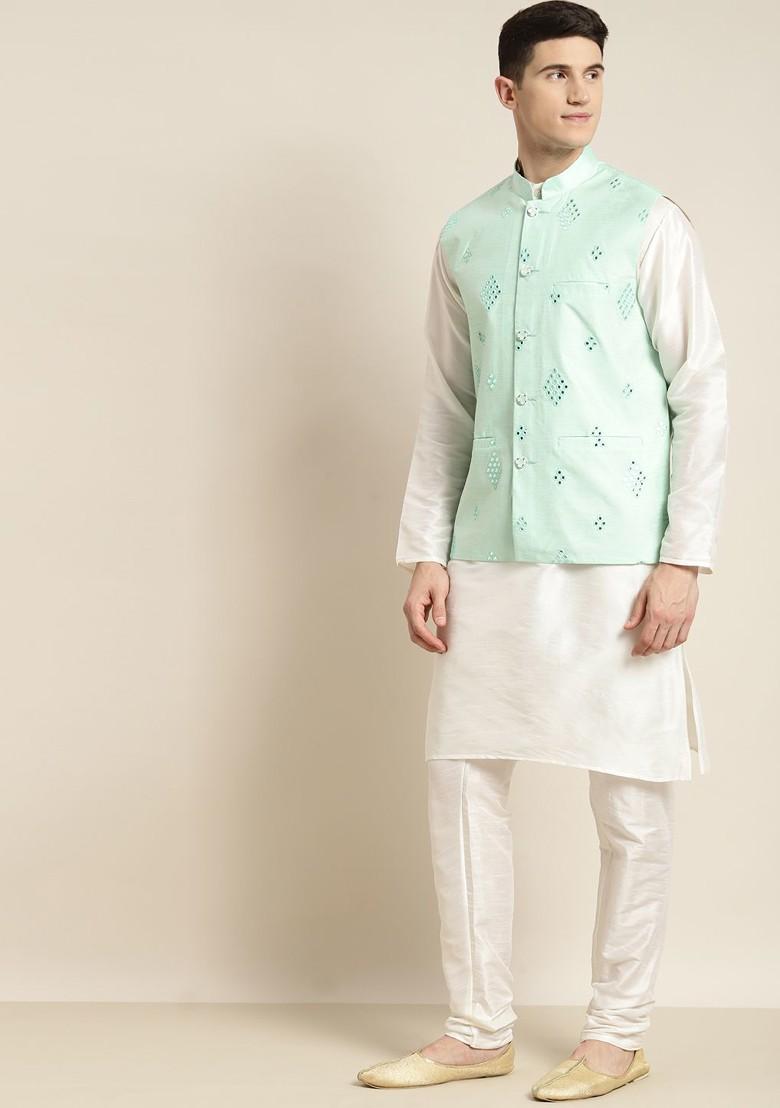 White Solid Poly Blend Kurta Set For Men