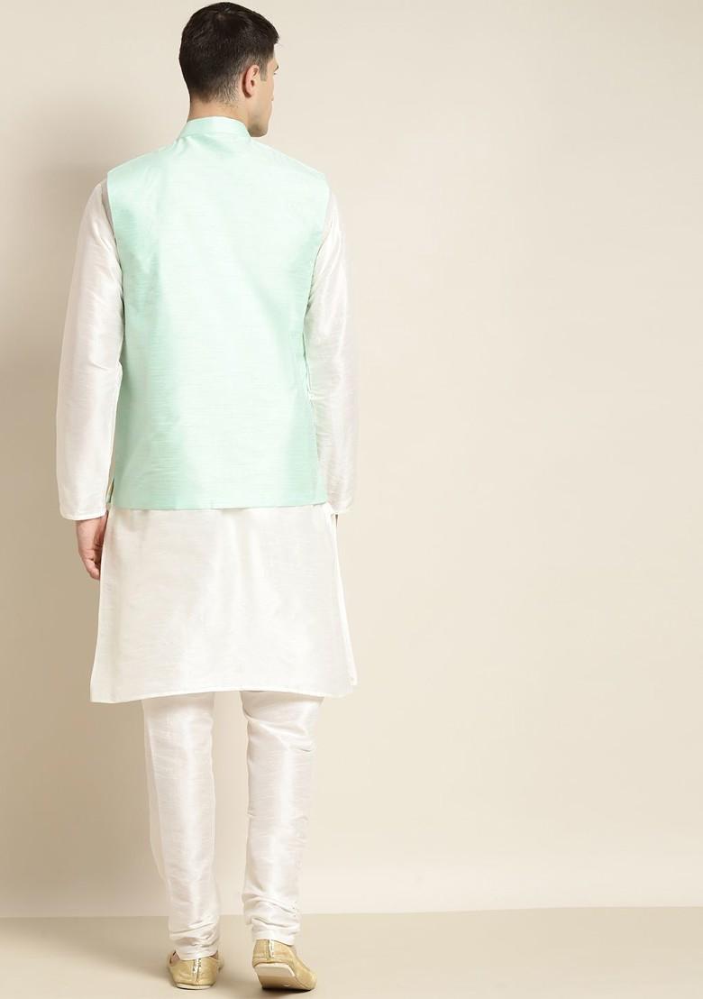 White Solid Poly Blend Kurta Set For Men