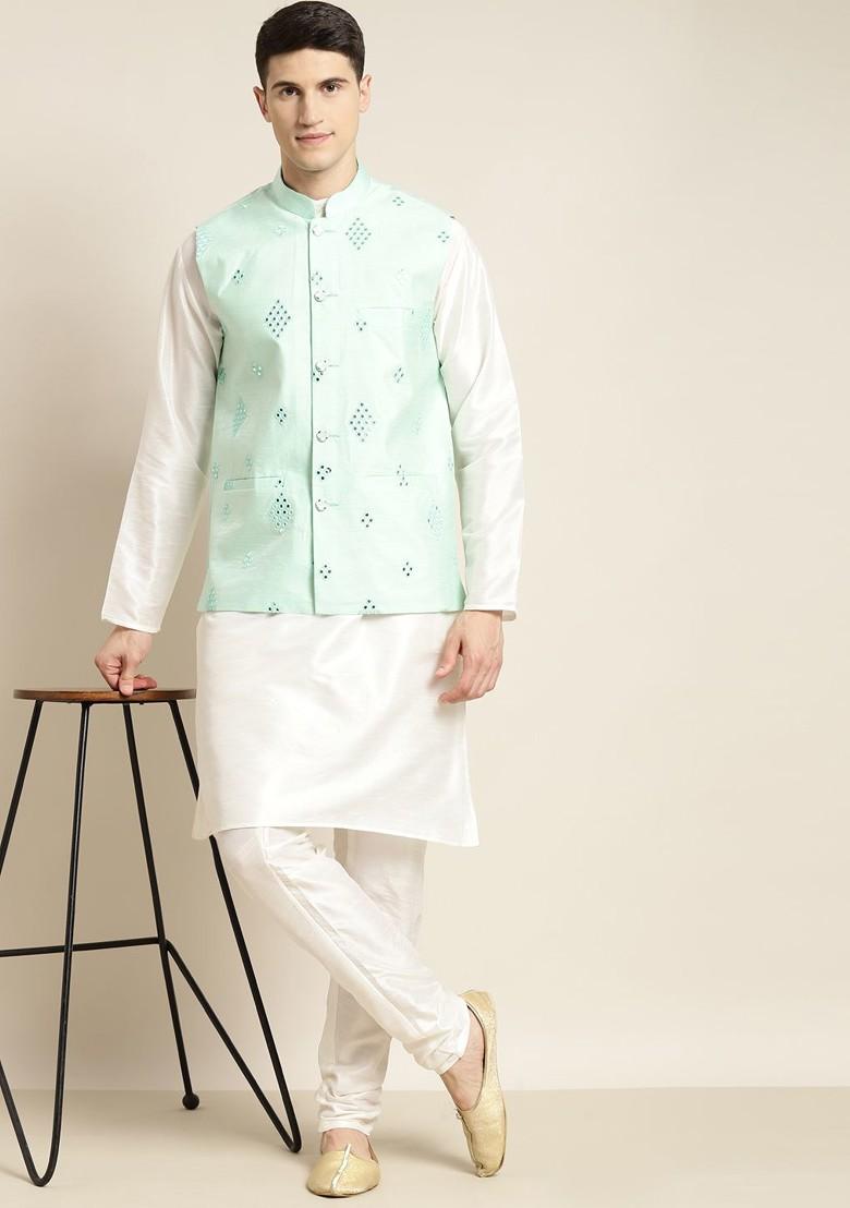 White Solid Poly Blend Kurta Set For Men