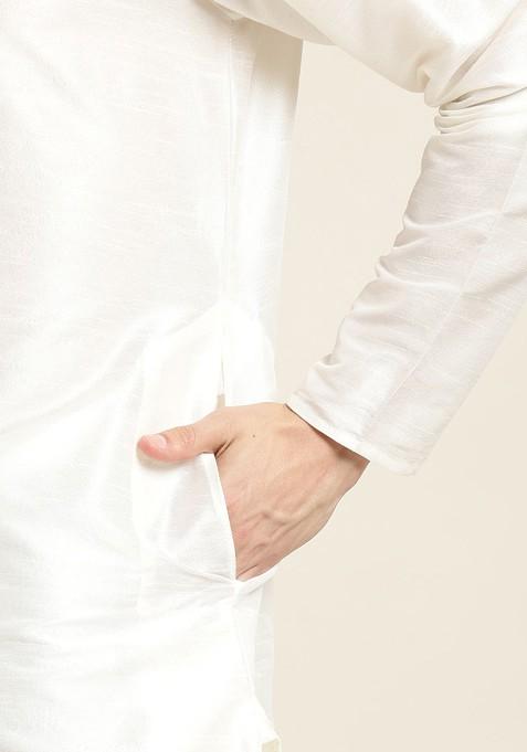 White Solid Poly Blend Kurta Set For Men