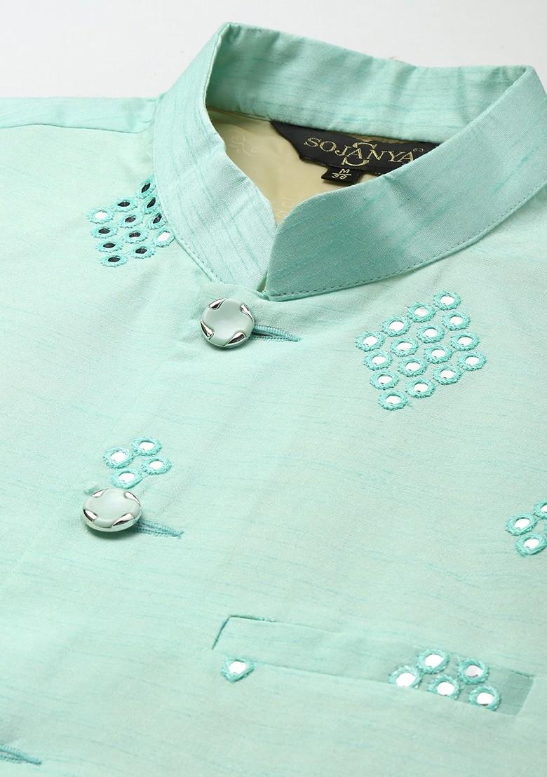 Pink Mirror Work Poly Blend Kurta Set For Men