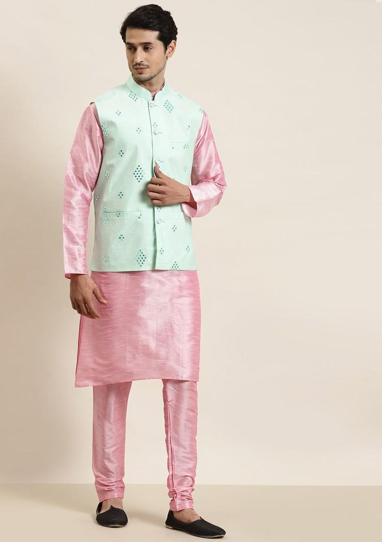 Pink Mirror Work Poly Blend Kurta Set For Men