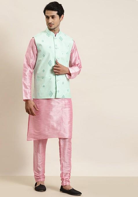 Pink Mirror Work Poly Blend Kurta Set For Men