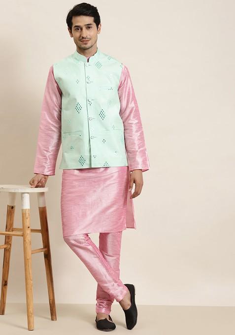 Pink Mirror Work Poly Blend Kurta Set For Men