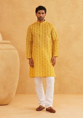 Mustard Ethnic Motifs Cotton Kurta Set For Men
